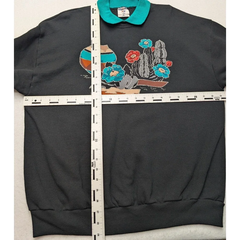 Vintage Jerzees Sweatshirt Unisex XL Black‎ Teal Southwestern Cactus
